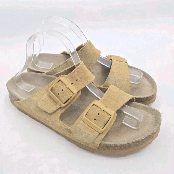 Birkenstock Sandals Size 41 Womens 10 N Arizona Latte Beige Leather Slip On Soft - Picture 2 of 14